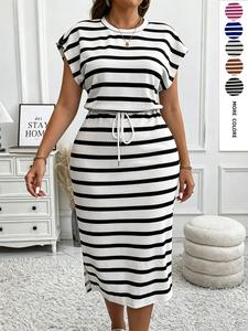 Women's Slimming Striped Dress, Casual Office High Waist Ruched Over-The-Knee Short Sleeve Dress, Lazy Split Butt Cover Long Dress