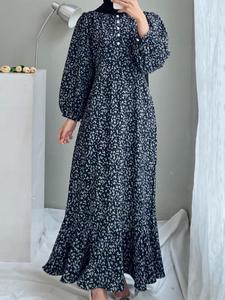 Women's Ditsy Floral Print Button Front Ruffle Hem A Line Arabian Dress, Modestdresses, Women's Islamic Clothing for Muslims Daily Wear, Classy Modest Dresses