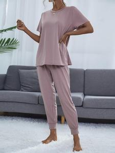 Women's Round Neck Tee & Drawstring Waist Cropped Pants Loungewear Set, Homewear, Lounge Set, Crew Neck Short Sleeve T-shirt & Pocket Trousers Pj Set, Summer Outfits, Pyjamas for Women, Pajamas