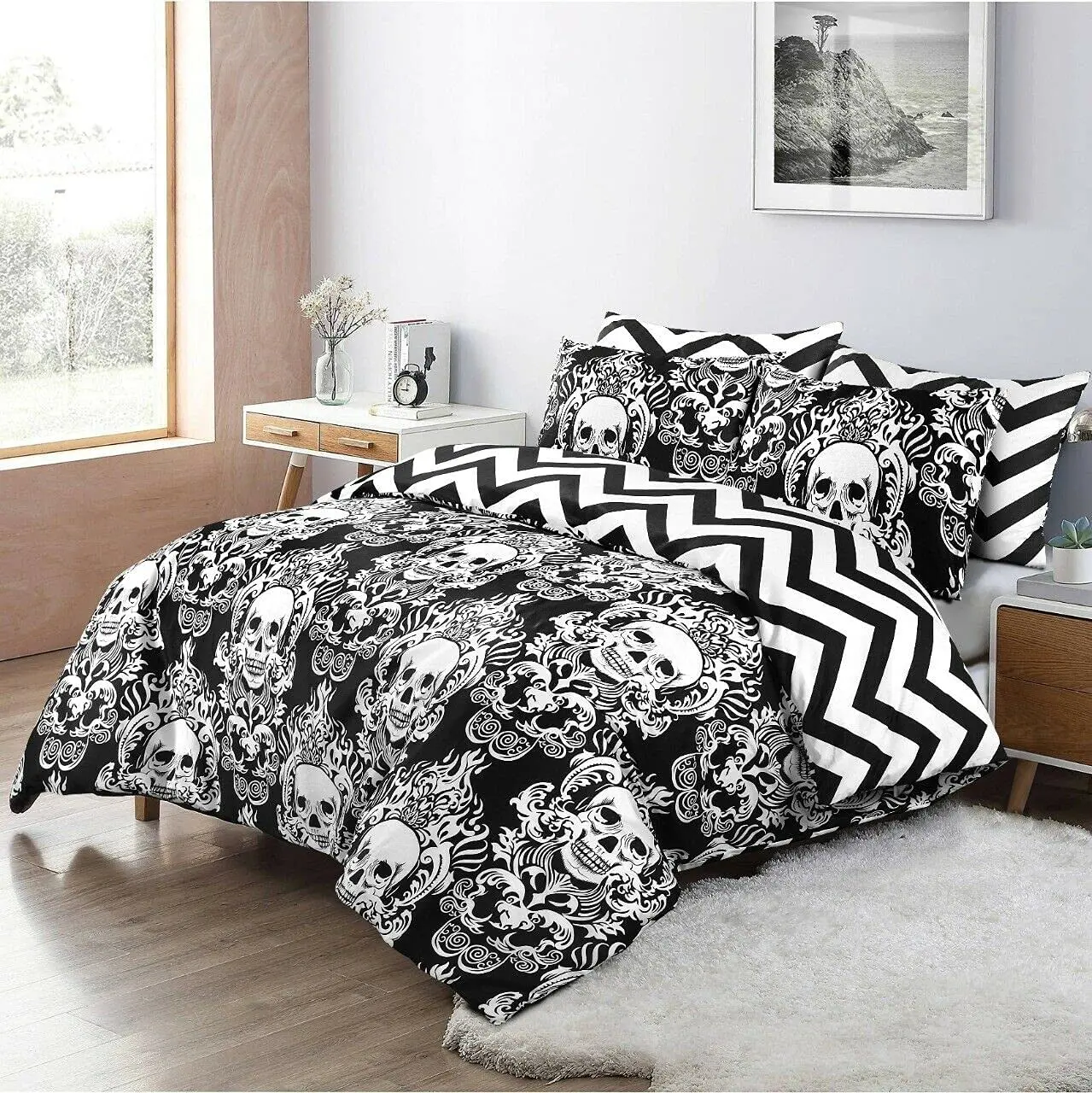 SKULL DUVET COVER SET GOTHIC BEDDING SETS in DOUBLE, KING & SUPER KING SIZE BLACK QUILT COVERS
