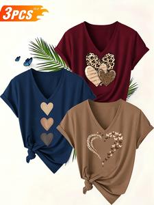 Women's 3-Pack V-Neck Short Sleeve T-Shirts, Fashion Heart Print, Casual Comfort, Stretchy Breathable, All Seasons