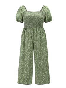 【Plus Size】 All Over Print Shirred Wide Leg Jumpsuit, Casual Short Sleeve Jumpsuit for Summer, Women's Plus Clothing for Daily Wear, Casual Jumpsuits