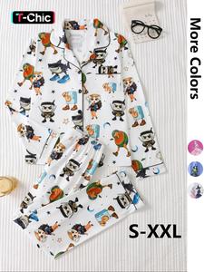 Women's Cartoon Print Pajama Set, Long Sleeve Button Front Top & Loose Fit Pants, Casual Spring & Fall Sleepwear Loungewear