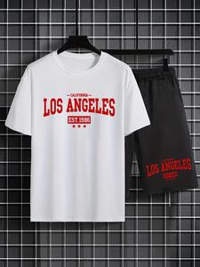 【Plus Size】 Men's Letter & Figure Print Short Sleeve Tee & Shorts Two-piece Set, Regular Fit Round Neck T-shirt & Shorts, Casual Fashion Cozy Breathable Men Two-piece Outfits for Summer