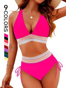 Two-piece Set Women's Patchwork Print Bikini Set, Casual Fashion Chic Swimsuit Set for Beach Holiday Vacation, Ladies Swimwear for All Seasons, Bathing Suits, Swimsuit Style Bikinis Sets