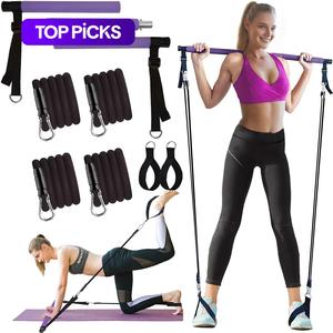 Pilates Bar Kit with Resistance Bands, Pilates Workout Equipment for Legs, Hip, Waist, Arm, Squats Exercise Equipment for Home Workouts, Adjustable 3-Section Pilates Bar Kit for Women & Men