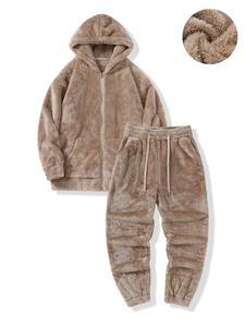 Men's Solid Long Sleeve Zip Up Top & Pants Plush Set, Casual Loose Hooded Outerwear & Trousers, Men's Fall & Winter Clothes