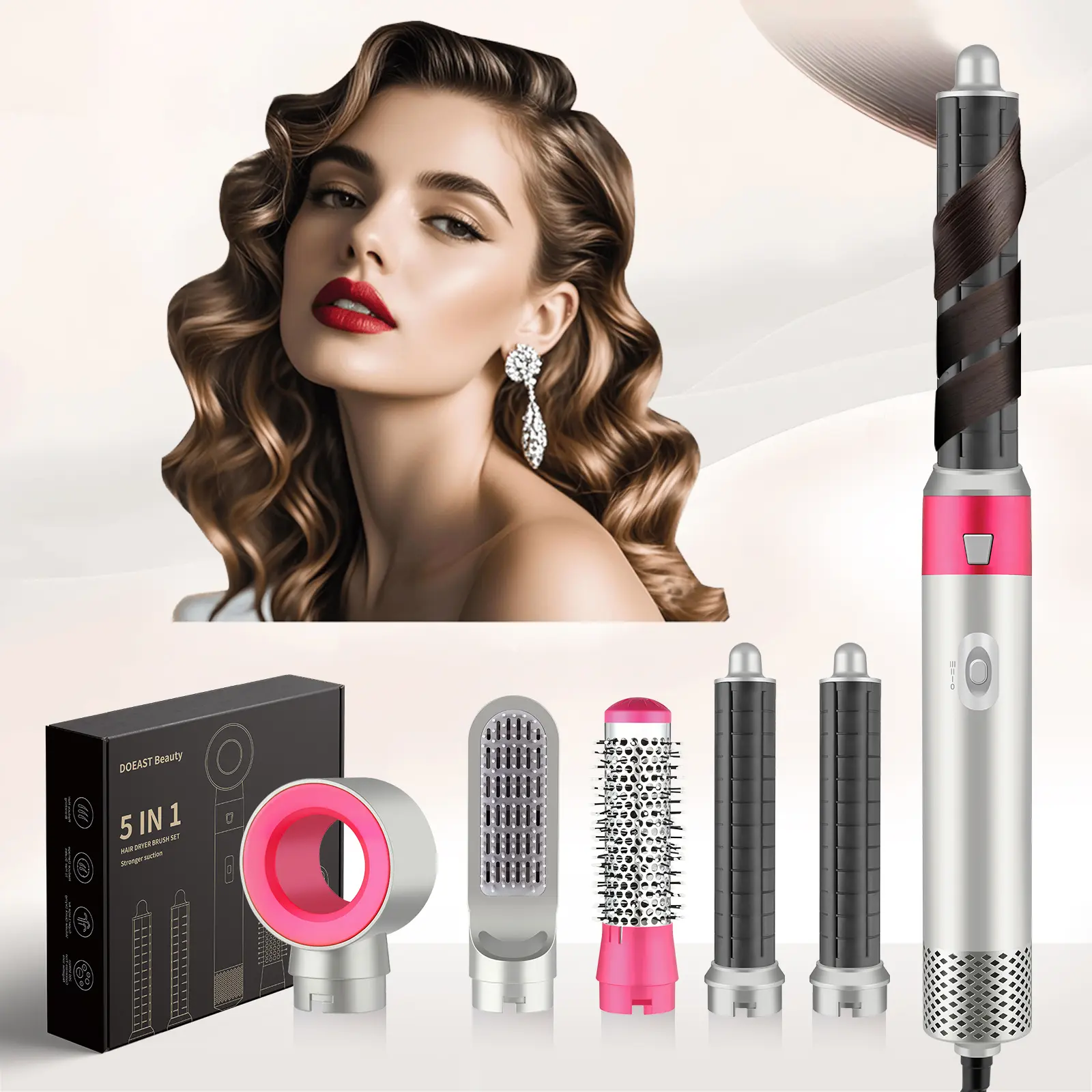 DOEAST 5 in 1 Multifunctional Hair Dryer Brush, Hair Styler With Millions of Negative ions, Auto Air Curling Wand Hair Curler, Detachable Comb Heads for Auto Wrap Curling, Volumizing and Straightening, Hair Styling Tool
