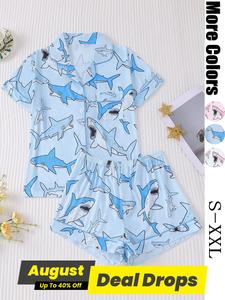 Women's All Over Animal Print Shortsleeve Shirt & Elastic Waist Shorts Pyjama Set, Casual Comfy Short Sleeve Top & Shorts Pj Set, Ladies Sleepwear for All Seasons, Loungewear, Pajama Set, Summer Pajamas Sleepwear, Womenswear, Matching Pj Set