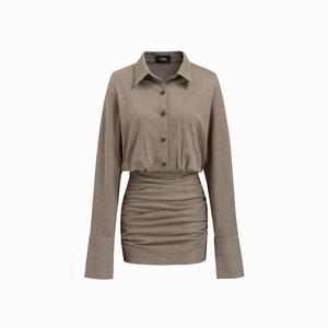 Cider Collar Houndstooth Ruched Zipper Mini Dress