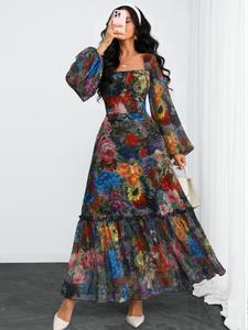 Women's Vintage Elegant Waist Cinched A-Line Dress, Pleated Square Neck Floral Print Lantern Sleeve, All Seasons Fashion