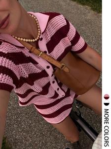 Women's Spring Summer Striped Knit Button Front Short Sleeve Top and Shorts Set, Casual Elastic Waist Two-Piece