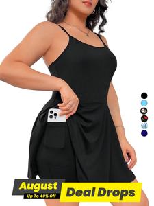 【Plus Size】Plain Backless Pocket 2 IN 1 Cami Dress, Casual Adjustable Spaghetti Strap Short Dress, Women's Plus Size Clothing for Daily Wear, Summer Womenswear