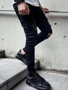 Men's Solid Ripped Knee Jeans, Casual Comfy Slim-fitting Denim Pants for Daily Wear, Fashion Men's Bottoms for All Seasons, Cotton