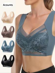 Women's Seamless Mesh Bra, Plunge Bralette, Backless Lingerie, Comfortable Padded Push-Up, Soft Comfy Bra, All-Seasons, 2/4pcs Set