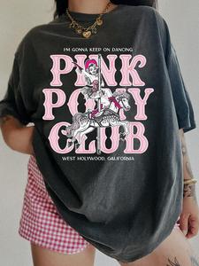 Women's Pink Pony Club Letter Print Round Neck Graphic Tee, Vintage Trendy Casual Pink Graphic Tee, Women's Summer Outfit for Daily Wear