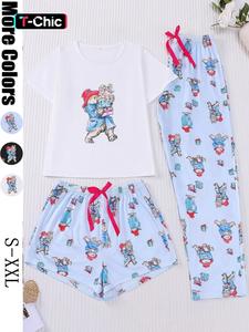 3-Piece Casual Women Pajama Set with Padding Bear Print, Short Sleeve Button-Up Top and Loose Fitted Pants, Stylish Comfortable Sleepwear for Everyday and Holiday