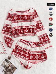 Women's Geometric Print Coral Fleece Loungewear Set, Fluffy Pajamas, Boho Long Sleeve Sleep Top & Pom Pom Decor Drawstring Shorts, Women's Sleepwear, Valentine's Day Gift for Girl