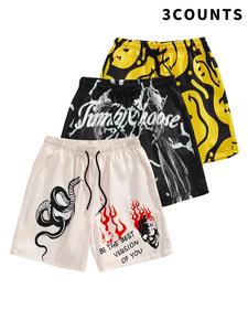 Men's 3pcs All Over Print Drawstring Shorts, Summer Y2K Fitness Outfits, Regular Fit Casual Pocket Elastic Waist Straight Leg Shorts for Summer, Menswear Tracksuit Bottoms for Men