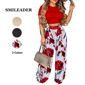 Women's Two-piece Set, Chic Plain Crop Tee & Plicated Wide Leg Pants Set, Co-ord Set Summer, Summer Clothes Women