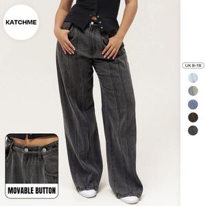 KatchMe Women's Street Mid-Rise Adjustable Button Lines Modify Wide Leg Jeans, Leisure Baggy Jeans Outfits, Versatile Women's Bottom,Classy Streetwear