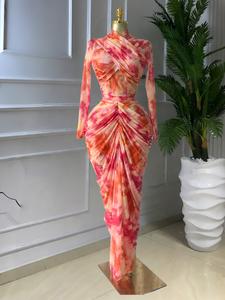 PULKRITU Elegant Women's Tie Dye Printed Two Piece Set Outfits, Wrap Long Sleeve Crop Top + Ruched Maxi Skirt , Casual Beach Resort Birthday,  Vacation Street Lady Two-Piece Set,Female Fashion 2 Piece Co-ord Set