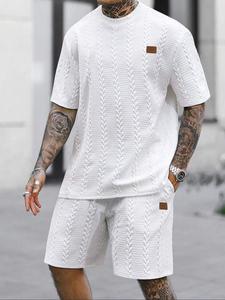 Men's Solid Jacquard Short Sleeve Tee & Drawstring Waist Shorts Two-piece Set, Loose Casual Fashion Cozy Breathable Men Outfits for Summer, Men Clothes Set for Daily Wear