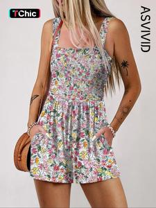 Women's Ditsy Floral Print Shirred Wide Leg Romper, Casual Pocket Sleeveless Romper for Summer, Fashion Women's Clothes for Daily Wear