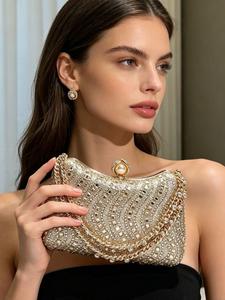 Women's Elegant Rhinestone Decorated Evening Bag, Exquisite Chain Strap Clutch Bag, Trendy Handbag for Party Decoration