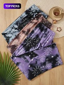 【Plus Size】 3 Counts Tie Dye & Galaxy Print Elastic Waist Sleep Pants, Casual Comfy Pajama Trousers for All Seasons, Women's Sleep Bottoms for Daily Home Wear, Clothes for Women, Trousers for Women