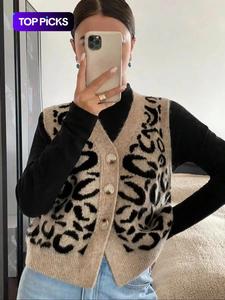 Women's Leopard Print Sweater Vest Piece, Casual Fashion Sleeveless Knitwear for Daily Wear, Ladies Clothes Womenswear for All Seasons