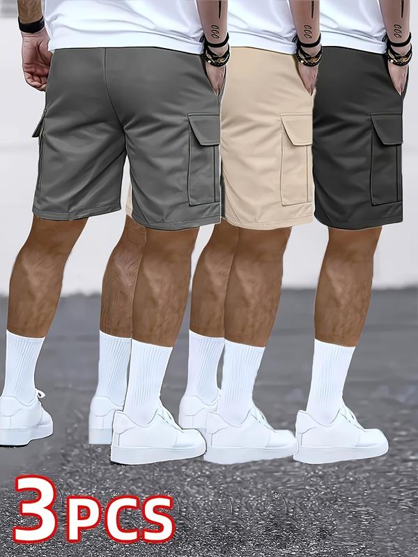 3pcs Men's Cargo Shorts with Multiple Pockets, Adjustable Drawstring Waist, Lightweight Polyester - Olive Green/Black/Beige, Streetwear Casual Style, Machine Washable