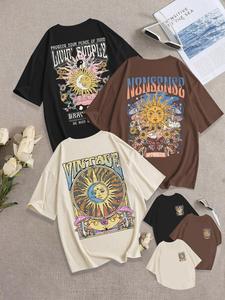 Breathable Casual T-Shirt for Women, Loose-Fitting Round Neck Design, Vintage Sun & Moon Print, Fashionable Comfortable Tops Pack of Three