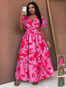 Plus Size Women's Floral Print Dress, Summer, Cross V Neck, Flutter Sleeves, High Waist Ruched Design, Vintage Tropical Style