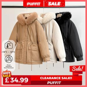 [Ships From UK] PUFFIT Faux Fur Mid-Length Hooded Drawstring Parka With Adjustable Waist Belt Design And Extra-Deep Pockets, Women‘s Fashion Coats, Versatile Winter Outerwear For Women‘s Basic Tops Go.G.G