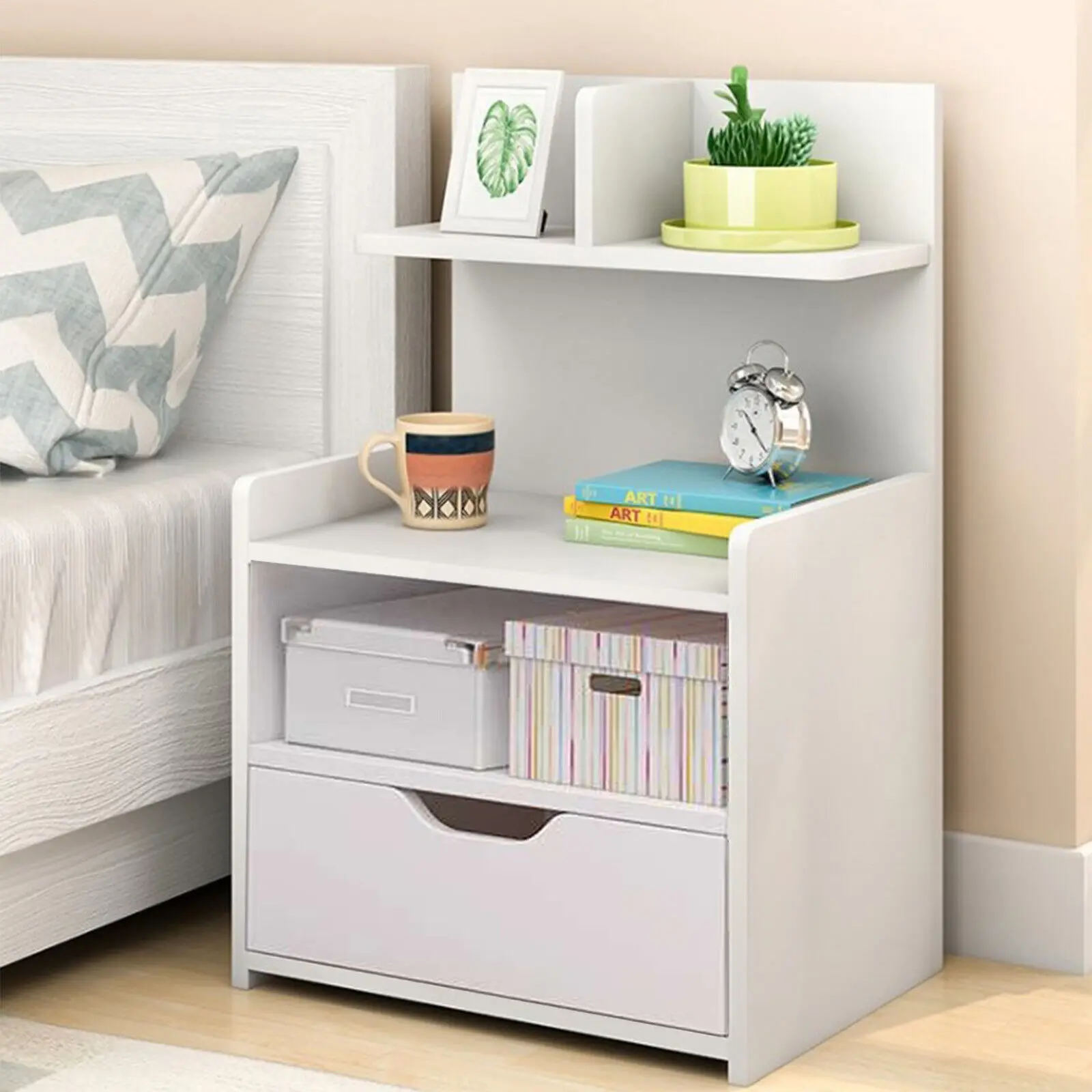 White Bedside Table with Drawers for Living Room, Bedroom, or Hallway - 60x32.5x25.5CM