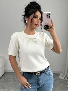 Women's Plain Beaded Decor Round Neck Sweater, Casual Short Sleeve Crew Neck Jumper for Daily Wear, Ladies Knitwear for All Seasons