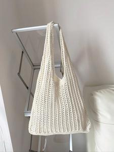 Summer Simple Crochet Handbag Shoulder Bag, Lightweight Vintage Knitted Large Capacity Hollow Design, Casual Beach School Bag, Beach Tote