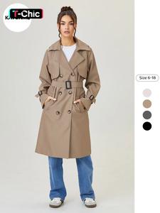 Women's Solid Double Button Belted Trench Coat, Elegant Lapel Neck Long Sleeve Coat for Fall & Winter, Women's Clothing for Daily Wear