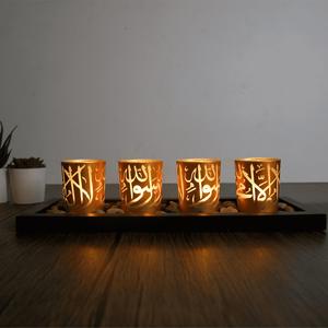 Islamic Home Decoration Ornaments, 1 Set Wooden & Glass Candle Holder Set, Muslim Eid Glass Candle Holder, Ramadan Candle Holder, Handicraft Ornaments without Candles, Halloween