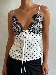 Polka Dot Lace V-Neck Halter Top, Vintage Backless Sexy Y2K Summer Elegant Cute Tank Top for Women, Casual Slim Sleeveless Fashion Camisole Tops, Casual Sleeveless Spaghetti