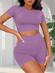 Two-Piece Set Women's Solid Ribbed Crop Top & High Waist Shorts Tracksuit Set, Sporty Breathable Comfy for Yoga Gym Workout Running, Ladies Sportswear for All Seasons