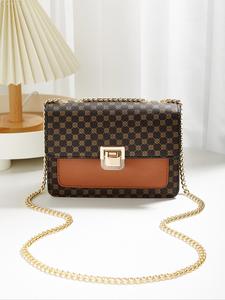 Vintage Geometric Print Classic Flap Shoulder Bag, Metal Chain Buckle Pu Leather Square Shoulder Bag, Casual Fashion Zipper Crossbody Bag
