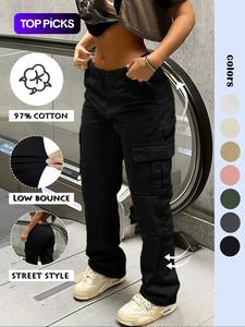 Women's Solid Cargo Pants, Casual Plain Comfort Basic Streetwear Pocket Design Trousers for Daily Wear, Autumn and Winter Women's Clothing