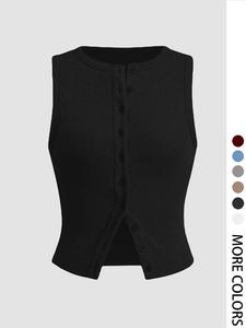 women's plain button front ribbed crop tank top, casual sleeveless round neck top for daily wear, ladies clothes for all seasons, sky tops