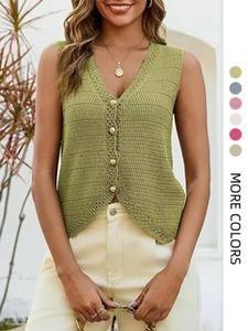 Summer Single Button Knit Vest, Handmade Crochet Sleeveless V-Neck Cardigan, Unique New Design Women's Tank Top, Fashionable Summer Wear