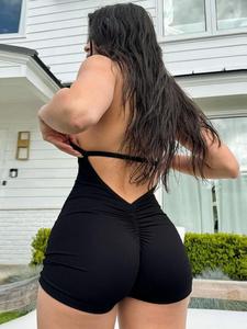 Women's Solid Ruched Halter Tie Back Romper, Casual Fashion Backless Skinny Romper for Summer, Women's Clothes for Daily Wear, Womenswear