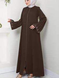 Elegant Woven Dress for Muslim Women, Long Sleeve Loose Fit, Rhinestone Embellished Fashion, All Season Wearable
