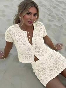 Women's Summer Crochet Mesh Hollow Out Beach Short Sleeve Knit Cardigan & Shorts Set, Sexy Slim Fit Clubwear Two-Piece Suit, Womenswear