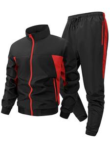 Men's Colorblock Patchwork Sports Set, Spring & Fall Quick-Dry Breathable Athletic Set, Windproof Stand Collar Long Sleeve Jacket, Zip Up Coat Outwear Tops + Drawstring Elastic Waist Pants Trousers with Zipper Pockets, Athletic Activewear Tracksuit